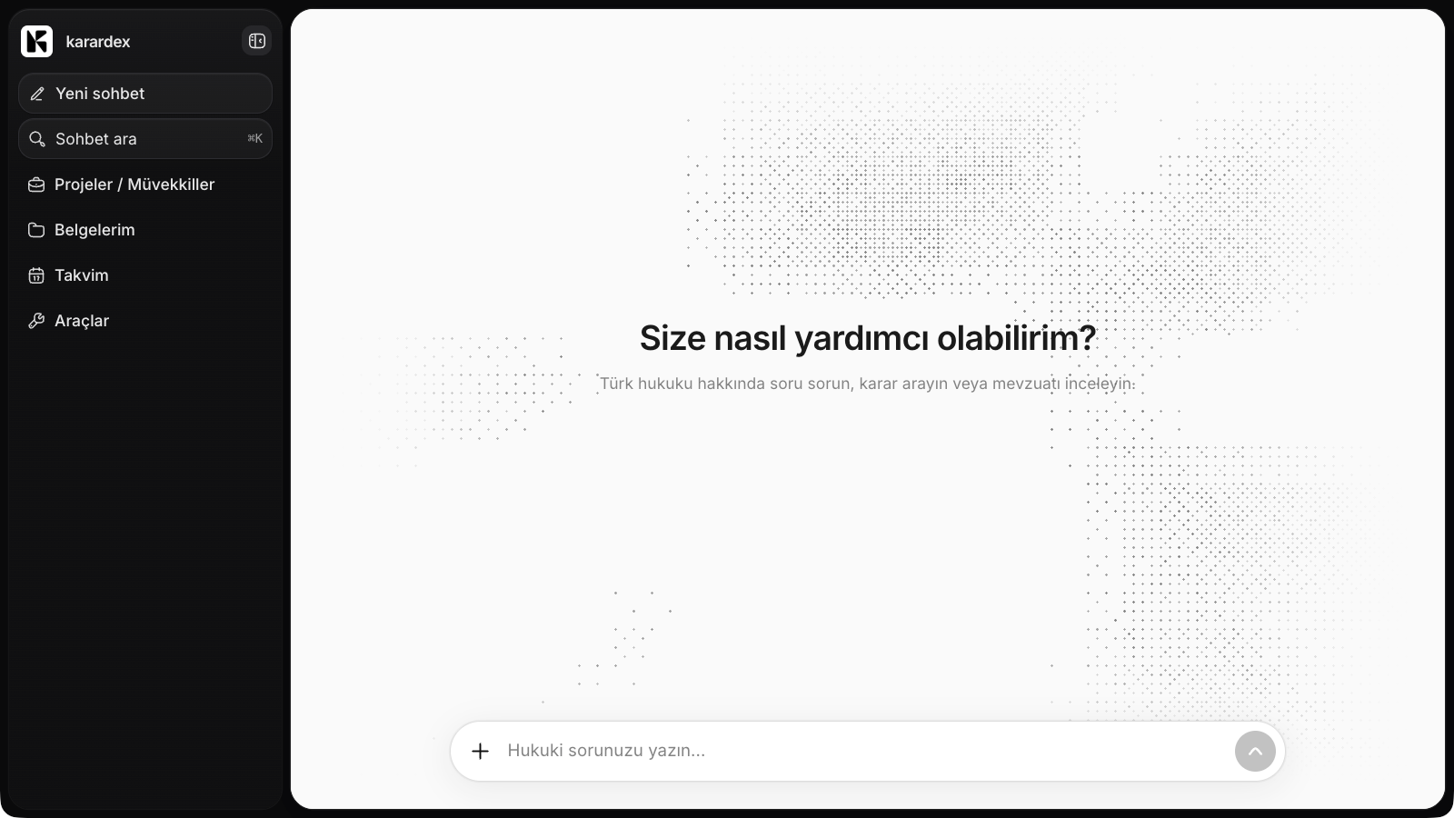 Karardex chat interface ready for a Turkish legal question